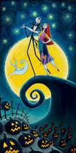 Load image into Gallery viewer, Jack Skellington and Sally dance atop the spiral hill beneath a huge yellow moon as Zero floats by pumpkins.