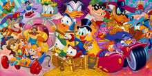 Load image into Gallery viewer, Scrooge McDuck and his nephews on a gold-filled treasure chest, surrounded by Darkwing Duck, Chip, Dale and Baloo.