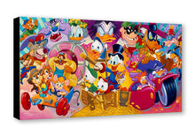 Load image into Gallery viewer, Scrooge McDuck and his nephews on a gold-filled treasure chest, surrounded by Darkwing Duck, Chip, Dale and Baloo.