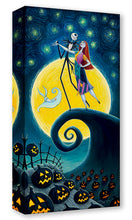Load image into Gallery viewer, Jack Skellington and Sally dance atop the spiral hill beneath a huge yellow moon as Zero floats by pumpkins.