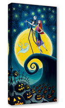 Load image into Gallery viewer, Jack Skellington and Sally dance atop the spiral hill beneath a huge yellow moon, with Zero floating nearby.