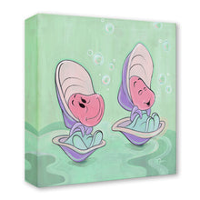 Load image into Gallery viewer, Two baby oysters from Alice in Wonderland sit in open shells, smiling and singing among floating bubbles on a green sea.
