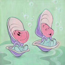 Load image into Gallery viewer, Two baby oysters from Alice in Wonderland sit in open shells, smiling and singing among floating bubbles on a green sea.