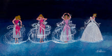 Load image into Gallery viewer, Cinderella's ragged dress transforms in four sparkling stages into a white ball gown against a deep blue night.