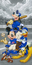 Load image into Gallery viewer, Mickey Mouse, Goofy, Donald Duck, Pluto, Chip and Dale in blue baseball uniforms pose on a grey ballfield.