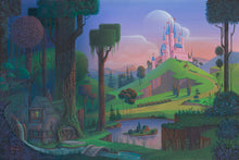 Load image into Gallery viewer, Sleeping Beauty's pink castle glows on a green hill above a forest cottage and pond at dusk.
