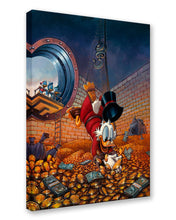 Load image into Gallery viewer, Scrooge McDuck dives headfirst into his money bin of gold coins as Huey, Dewey and Louie watch from the vault door.