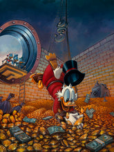 Load image into Gallery viewer, Scrooge McDuck dives headfirst into his money bin of gold coins as Huey, Dewey and Louie watch from the vault door.
