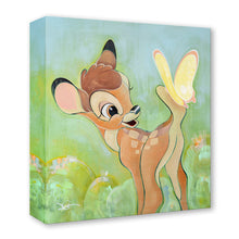 Load image into Gallery viewer, Bambi the young fawn smiles at a glowing yellow butterfly perched on his tail among soft bubbles in a green meadow.