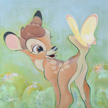 Load image into Gallery viewer, Bambi the young fawn smiles at a glowing yellow butterfly perched on his tail among soft bubbles in a green meadow.