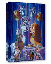 Load image into Gallery viewer, Lady and Tramp share spaghetti by candlelight as Tony plays mandolin and Joe plays accordion, with Lady's doghouse below.