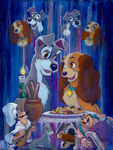 Load image into Gallery viewer, Lady and Tramp share spaghetti by candlelight as Tony plays mandolin and Joe plays accordion, with Lady's doghouse below.