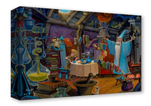 Load image into Gallery viewer, Merlin in his blue robe and wizard hat raises his wand as books fly past Wart at tea and Archimedes the owl.