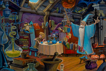 Load image into Gallery viewer, Merlin in his blue robe and wizard hat raises his wand as books fly past Wart at tea and Archimedes the owl.