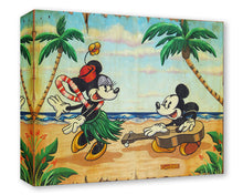 Load image into Gallery viewer, Minnie Mouse in a grass skirt and lei dances for Mickey Mouse, who plays ukulele on a sunny palm-lined beach.