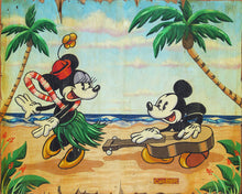 Load image into Gallery viewer, Minnie Mouse in a grass skirt and lei dances for Mickey Mouse, who plays ukulele on a sunny palm-lined beach.