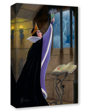 Load image into Gallery viewer, The Evil Queen in her black cloak and gold crown raises a smoking green potion in a castle dungeon as lightning flashes.