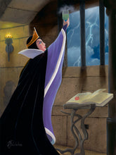 Load image into Gallery viewer, The Evil Queen in her black cloak and gold crown raises a smoking green potion in a castle dungeon as lightning flashes.