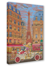 Load image into Gallery viewer, Mickey and Minnie Mouse drive a vintage car with Donald and Daisy Duck past Cafe Minnie and the Eiffel Tower in Paris.
