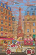 Load image into Gallery viewer, Mickey and Minnie Mouse drive a vintage car with Donald and Daisy Duck past Cafe Minnie and the Eiffel Tower in Paris.