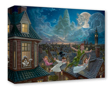 Load image into Gallery viewer, Peter Pan flies over London rooftops with Wendy, John and Michael as Nana watches, a pirate ship in the clouds by the moon.