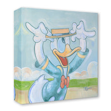 Load image into Gallery viewer, Donald Duck grins with both gloved hands raised to tip his straw boater hat, in a teal jacket and red bow tie.