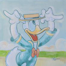 Load image into Gallery viewer, Donald Duck grins with both gloved hands raised to tip his straw boater hat, in a teal jacket and red bow tie.