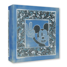 Load image into Gallery viewer, Mickey Mouse winks and flashes a peace sign inside a square frame, set in a blue and gray paisley border.