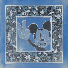 Load image into Gallery viewer, Mickey Mouse winks and flashes a peace sign inside a square frame, set in a blue and gray paisley border.