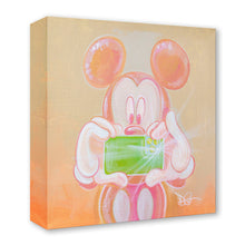 Load image into Gallery viewer, Mickey Mouse in soft pink and peach tones holds up a green smartphone to take a photo, his eyes wide and curious.