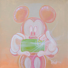 Load image into Gallery viewer, Mickey Mouse in soft pink and peach tones holds up a green smartphone to take a photo, his eyes wide and curious.