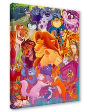 Load image into Gallery viewer, Simba and Nala nuzzle at center, surrounded by Scar, Shere Khan, Bagheera, Cheshire Cat, Tigger, Duchess and Marie.