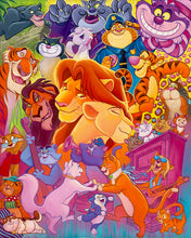 Load image into Gallery viewer, Simba and Nala nuzzle at center, surrounded by Scar, Shere Khan, Bagheera, Cheshire Cat, Tigger, Duchess and Marie.