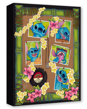 Load image into Gallery viewer, Stitch makes goofy faces in five snapshots pinned to a corkboard with plumeria flowers, a bamboo frame and an Ohana record.
