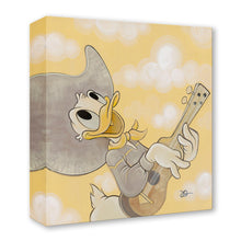 Load image into Gallery viewer, Donald Duck in a gray cowboy hat and yellow bandana leans back and strums a ukulele among soft clouds on a yellow sky.