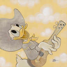 Load image into Gallery viewer, Donald Duck in a gray cowboy hat and yellow bandana leans back and strums a ukulele among soft clouds on a yellow sky.