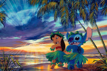 Load image into Gallery viewer, Lilo and Stitch dance the hula in matching green grass skirts and leaf crowns on a palm-lined beach at colorful sunset.