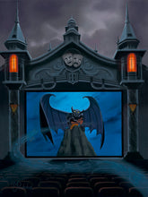 Load image into Gallery viewer, Chernabog spreads his wings atop Bald Mountain on a movie screen in a gothic theater as ghostly wisps drift past.