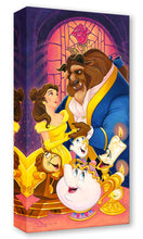 Load image into Gallery viewer, Belle in her yellow gown gazes up at the Beast as Mrs. Potts, Chip, Cogsworth and Lumiere beam before a rose window.