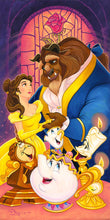 Load image into Gallery viewer, Belle in her yellow gown gazes up at the Beast as Mrs. Potts, Chip, Cogsworth and Lumiere beam before a rose window.