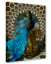 Load image into Gallery viewer, Jasmine in a flowing blue gown holds the golden lamp beside Rajah the tiger, before a gold arabesque pattern and moon.