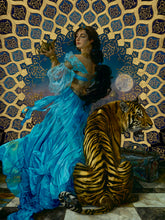 Load image into Gallery viewer, Jasmine in a flowing blue gown holds the golden lamp beside Rajah the tiger, before a gold arabesque pattern and moon.