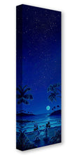 Load image into Gallery viewer, Mickey Mouse and Minnie Mouse hold hands on a moonlit tropical beach beneath a sky full of stars and palm trees.