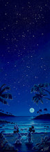 Load image into Gallery viewer, Mickey Mouse and Minnie Mouse hold hands on a moonlit tropical beach beneath a sky full of stars and palm trees.