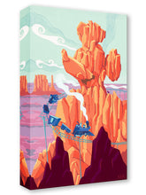Load image into Gallery viewer, A runaway mine train rattles along tracks around a red rock butte shaped like Mickey Mouse in a desert canyon.