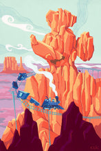 Load image into Gallery viewer, A runaway mine train rattles along tracks around a red rock butte shaped like Mickey Mouse in a desert canyon.