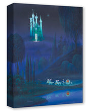 Load image into Gallery viewer, Cinderella's pumpkin coach, pulled by white horses, crosses a stone bridge at night toward a glowing castle.