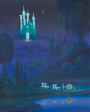 Load image into Gallery viewer, Cinderella's pumpkin coach, pulled by white horses, crosses a stone bridge at night toward a glowing castle.