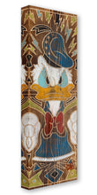 Load image into Gallery viewer, Angry Donald Duck glares in his blue sailor hat and red bow tie, with fists raised, on a wood-grain carved background.