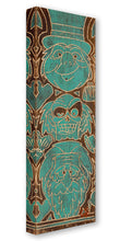 Load image into Gallery viewer, The Hitchhiking Ghosts Phineas, Ezra and Gus stack in teal, carved into rich brown wood grain with thumbs out.